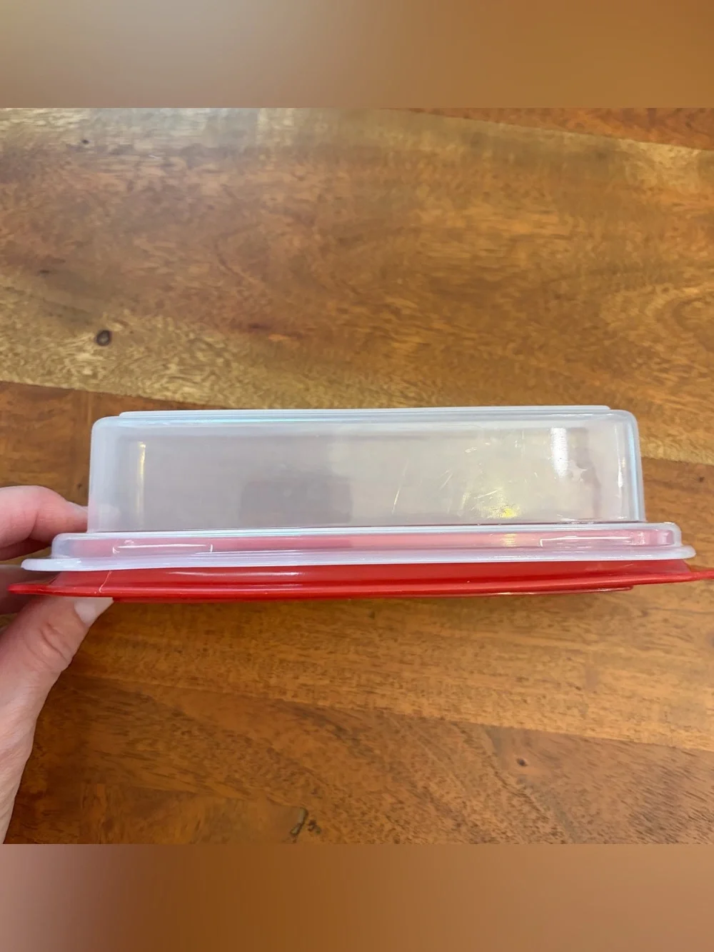 TWO Vintage 0477 Rubbermaid Standard Plastic Butter Dishes Red Almond w/ Lids